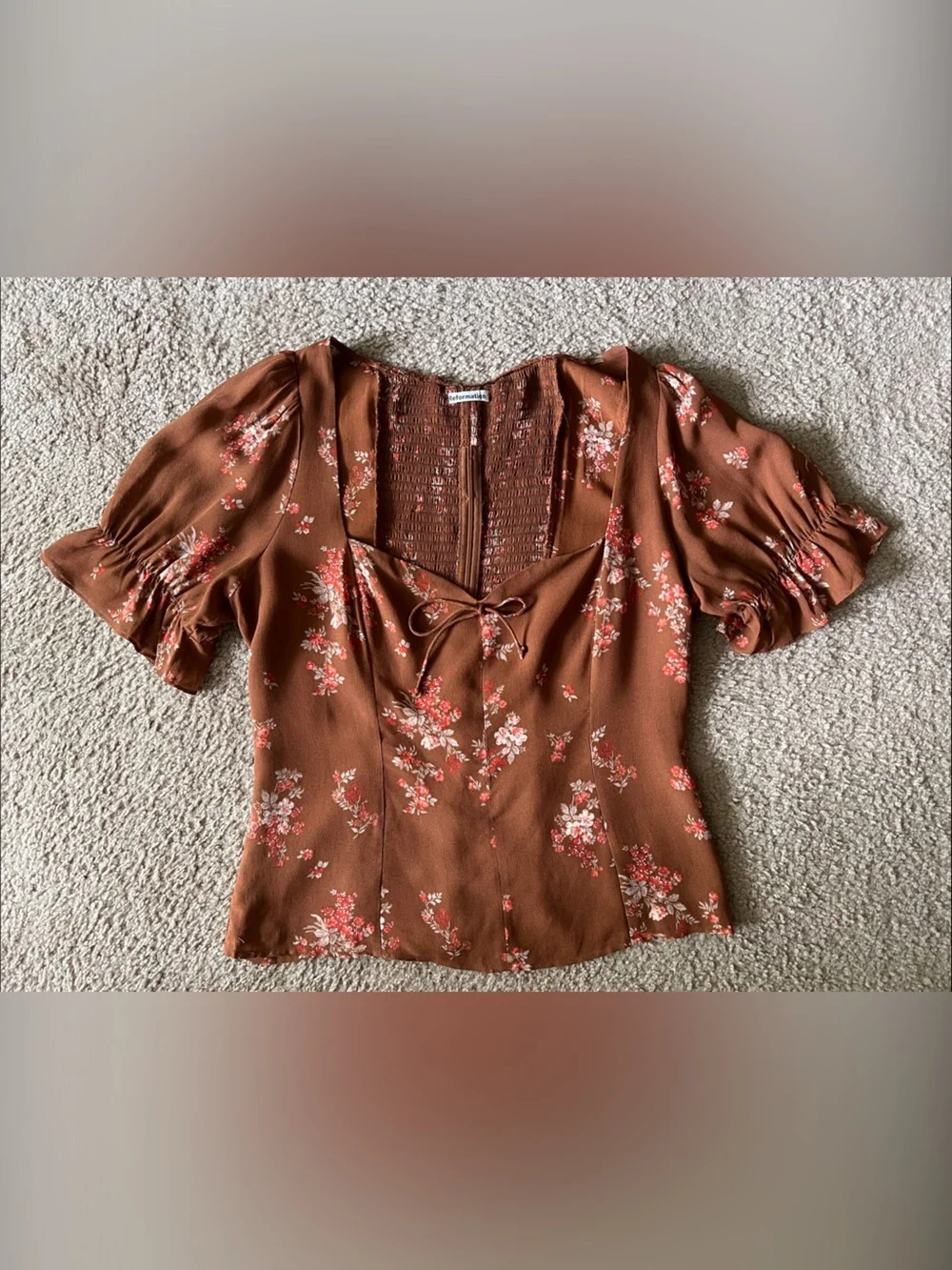 Reformation Delevan Top Brown Floral Tie-Front Puff Sleeve Blouse Smocked Sz 12